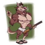  anthro armpit_hair beverage black_clothing black_footwear black_shoes body_hair briefs brown_body brown_fur canid canine canis cigarette claws clothed clothing footwear fur green_background gun hat headgear headwear holding_beverage holding_object male mammal muscular muscular_anthro muscular_male pecs pink_nose ranged_weapon sandals simple_background smoking tan_body tan_fur tighty_whities topless underwear weapon white_briefs white_clothing white_underwear wolf yellow_sclera zurdomon 