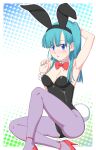  1girl animal_ears aqua_hair bare_legs barefoot black_leotard blue_eyes bow bowtie breasts bulma cleavage commentary_request detached_collar dragon_ball dragon_ball_(classic) fugetsu_taku high_heels index_finger_raised leotard long_hair pantyhose playboy_bunny purple_pantyhose rabbit_ears rabbit_tail red_bow red_bowtie red_footwear sitting solo strapless strapless_leotard tail wrist_cuffs 