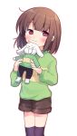  1girl asriel_dreemurr bangs brown_hair brown_shorts chara_(undertale) green_sweater holding holding_stuffed_toy long_sleeves looking_at_viewer red_eyes short_shorts shorts simple_background smile standing striped striped_sweater stuffed_toy sweater thighhighs undertale white_background xox_xxxxxx 