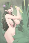  1girl breasts completely_nude dryad female_pubic_hair flower folait green_hair hair_between_eyes hair_flower hair_ornament highres lactation large_breasts looking_at_object navel nipples nude original plant pointy_ears pubic_hair purple_eyes sexually_suggestive solo standing thighs 