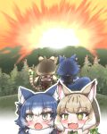  2girls animal_costume animal_ear_fluff animal_ears blue_hair cat_ears cat_girl cat_tail dire_wolf_(kemono_friends) extra_ears grey_eyes grey_hair highres jungle_cat_(kemono_friends) kemono_friends kemono_friends_v_project long_hair mav3ygpryecvfu2 microphone minecraft multiple_girls open_mouth outdoors parody ribbon scarf tail twintails virtual_youtuber wolf_ears wolf_girl wolf_tail 