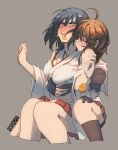  2girls bangs black_gloves black_skirt black_socks blush braid breast_grab breasts brown_hair closed_eyes commentary_request detached_sleeves ergot fingerless_gloves food fruit gloves grabbing grey_background hair_between_eyes hair_ornament highres japanese_clothes kantai_collection kneehighs large_breasts licking licking_neck multiple_girls nontraditional_miko open_mouth orange_(fruit) pleated_skirt red_eyes shigure_(kancolle) short_hair simple_background single_braid sitting sitting_on_lap sitting_on_person skirt socks sweat yamashiro_(kancolle) yuri 