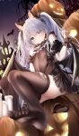  1girl absurdres animal_ear_fluff animal_ears aqua_eyes azur_lane bat_(animal) black_dress black_ribbon black_tail black_thighhighs black_wings breasts candle castle cat_ears demon_girl demon_tail demon_wings dress fake_animal_ears feet flat_chest foot_out_of_frame frills hair_ribbon halloween_costume highres jack-o&#039;-lantern janus_(fright-night_scaredy-cat)_(azur_lane) legs long_hair looking_at_viewer night night_sky no_shoes official_alternate_costume presenting_foot proverbs_zhenyan ribbon scrunchie see-through see-through_legwear sitting sky small_breasts soles solo star_(sky) starry_sky tail thighhighs thighs toes torn_thighhighs white_hair wings wrist_scrunchie 