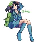  1girl :d ass backpack bag blue_eyes blue_footwear blue_hair blue_shirt blue_skirt boots flat_cap full_body green_bag green_headwear hat highres kawashiro_nitori key looking_at_viewer open_mouth renshirenji rubber_boots shirt simple_background skirt smile solo touhou twitter_username two_side_up white_background 