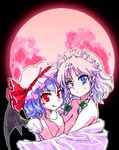  :q bad_id bad_pixiv_id bat_wings braid bt_(shio_oninko) covering full_moon hat highres hug izayoi_sakuya maid_headdress moon multiple_girls naked_sheet nude nude_cover red_eyes red_moon remilia_scarlet tongue tongue_out touhou twin_braids upper_body wings yuri 