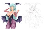  animal_print aqua_hair bad_id bad_pixiv_id bare_shoulders bat_print bat_wings breasts cleavage demon_girl elbow_gloves fingerless_gloves gloves head_wings large_breasts leotard long_hair morrigan_aensland pantyhose print_legwear pyalbhd succubus tongue vampire_(game) wide_hips wings yellow_eyes 