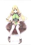  armor blonde_hair boots breasts cameltoe celes_chere final_fantasy final_fantasy_vi gloves green_eyes green_leotard headband highres impossible_clothes impossible_shirt kirishima_satoshi large_breasts legs leotard long_hair long_legs shirt shoulder_pads sitting solo thighhighs thighs white_legwear 