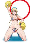  america american_flag_bikini bikini blonde_hair blue_eyes cheerleader flag_print hairband hand_on_hip heroman hirokawa_kouichirou kneeling lina_davis micro_bikini navel_piercing piercing pom_poms solo string_bikini swimsuit tattoo translation_request 