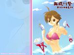  ahoge bikini brown_eyes brown_hair fish fishing_line fishing_lure highres kondou_toshinobu pointing solo swimsuit umihara_kawase wallpaper water 