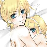  1girl aqua_eyes blonde_hair brother_and_sister hair_ribbon hug incest kagamine_len kagamine_rin nude ribbon sacchon siblings smile twincest twins vocaloid 