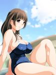  anegasaki_nene breasts brown_eyes brown_hair bursting_breasts competition_school_swimsuit covered_nipples day kantori large_breasts love_plus mole mole_under_eye one-piece_swimsuit sitting skindentation solo swimsuit 