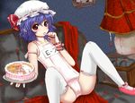  bad_id bad_pixiv_id birthday blue_hair bow cake couch eating flat_chest food hat hat_ribbon japanese_bird_cooking_spaghetti kataro lamp mary_janes one-piece_swimsuit red_eyes remilia_scarlet ribbon school_swimsuit shoes short_hair sitting solo spread_legs swimsuit thighhighs touhou translated white_legwear white_school_swimsuit white_swimsuit wrist_cuffs 