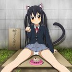  animal_ears arm_support bad_id bad_pixiv_id black_hair blazer blush brown_eyes cake cat_ears cat_tail food for_adoption jacket k-on! long_hair nakano_azusa neck_ribbon oki_(oksam) panties pantyshot pantyshot_(sitting) pastry paw_pose red_ribbon ribbon school_uniform sitting skirt smile solo spread_legs tail translated twintails underwear white_panties 