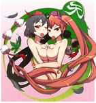  alternate_hair_color black_hair blush breast_press breasts brown_hair camera cellphone condom condom_in_mouth feathers frown hat himekaidou_hatate large_breasts leaf long_hair looking_at_viewer mouth_hold multiple_girls nude one_eye_closed phone pointy_ears purple_eyes red_eyes shameimaru_aya short_hair smile symmetrical_docking take_your_pick taketora_suzume tokin_hat touhou twintails upper_body very_long_hair 