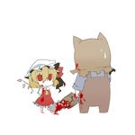  1girl bad_id bad_pixiv_id blonde_hair blood chainsaw chibi crossover dr._salvador eiri_(eirri) flandre_scarlet hat highres red_eyes resident_evil resident_evil_4 short_hair side_ponytail staring sweatdrop touhou wings 