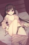  ahoge arima_senne bare_shoulders bed black_panties breasts brown_hair glasses highres kashiwamochi_yomogi long_hair lying medium_breasts mole mole_on_breast no_bra original panties pants_pull red_eyes side-tie_panties solo sweat underwear undressing 