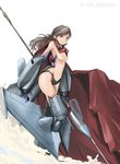  aircraft airplane blue_eyes breasts brown_hair cape f-16_fighting_falcon jet long_hair mecha_musume medium_breasts military nano nipples original personification polearm solo spear topless weapon 