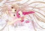  absurdres artbook blonde_hair brown_eyes chii chobits clamp dress flower hands highres holding hug lace long_hair official_art petals robot_ears scan smile solo stuffed_animal stuffed_toy traditional_media very_long_hair white_dress 
