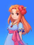  1girl absurdres blue_eyes brown_hair dress flower hair_flower hair_ornament highres jewelry long_hair looking_at_viewer marin_(the_legend_of_zelda) necklace nintendo ohil_(ohil822) simple_background smile solo the_legend_of_zelda the_legend_of_zelda:_link&#039;s_awakening 