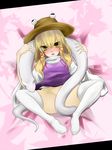  bad_id bad_pixiv_id bed blonde_hair hat kagu_(a_hazy_moon) lying mishaguji moriya_suwako no_panties on_back snake solo spread_legs thighhighs touhou white_legwear yellow_eyes 