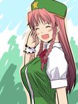  ^_^ blush braid breasts closed_eyes gustav_(telomere_na) hair_ribbon hat hong_meiling large_breasts long_hair open_mouth ribbon smile solo star touhou twin_braids 
