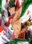  armpits battle black_eyes black_hair breasts doku_gorira gloves nipples one_eye_closed samurai_sentai_shinkenger shiba_kaoru shinken_red small_breasts solo super_sentai tentacles torn_clothes 