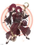  2girls angelic_alphabet cross-laced_clothes devola eyebrows_visible_through_hair full_body green_eyes highres holding holding_staff ji_no looking_at_viewer magic_circle medium_hair messy_hair multiple_girls nier nier_(series) official_art parted_lips popola red_hair siblings sinoalice sisters square_enix staff twins white_background wide_sleeves 