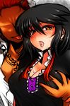  ahoge bad_id bad_pixiv_id black_hair breast_grab breasts brown_eyes cleavage earrings faceless faceless_male grabbing houjuu_nue jewelry large_breasts red_eyes roki_(hirokix) short_hair solo_focus sweat tongue touhou 