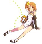  bare_shoulders bobby_socks brown_eyes crazy_eyes detached_sleeves dream_c_club dream_c_club_(series) dutch_angle hair_cubes hair_ornament kara_(color) leaning legs mary_janes orange_hair panties pantyshot pom_pom_(clothes) ribbon setsu_(dream_c_club) shoes short_hair side_ponytail socks solo underwear waitress white_panties 