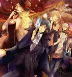  3boys black_hair blonde_hair cape crossed_legs formal futaba_hazuki hat long_hair mask md5_mismatch multiple_boys original pasta_mafia personification short_hair sitting smoking standing 