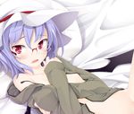  bat_wings bespectacled covering covering_breasts glasses hat lavender_hair ogami_kazuki red-framed_eyewear red_eyes remilia_scarlet short_hair solo touhou wings 