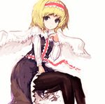  alice_margatroid ashiyama_yoshinori black_legwear blonde_hair blue_eyes capelet dress_shirt hairband pantyhose shirt short_hair sitting solo touhou white_capelet 