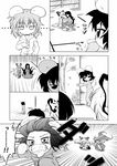  3girls bottle chasing clenched_teeth comic faceless faceless_female fleeing fujiwara_no_mokou greyscale hachi_(chihagura) highres hood hoodie houraisan_kaguya inaba_tewi monochrome motion_blur multiple_girls non-web_source running tatami teeth touhou translated you_gonna_get_raped yuri 