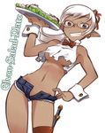  bad_id bad_pixiv_id bare_shoulders bow bowtie breasts covered_nipples dark_skin denim denim_shorts earrings elf flapper_shirt food from_below glasses grey_eyes grin hand_on_hip jewelry knife long_hair looking_down medium_breasts midriff nakamura_tetsuya navel open_fly original petite pointy_ears ponytail salad shirt shorts smile solo tray underboob unzipped white_hair wrist_cuffs 