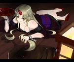  alcohol ass blonde_hair blush breasts chain cleavage cuffs cup fang horn hoshiguma_yuugi japanese_clothes kimono long_hair md5_mismatch medium_breasts pointy_ears red_eyes sakazuki sake shigeruoomi solo touhou 