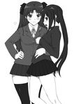  cosplay costume_switch fate/stay_night fate_(series) greyscale hand_on_hip k-on! long_hair monochrome multiple_girls nakano_azusa ribbon school_uniform shichimenchou simple_background skindentation skirt thighhighs toosaka_rin twintails two_side_up zettai_ryouiki 