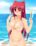  bikini blush breasts brown_eyes cleavage food kousaka_tamaki large_breasts long_hair one_eye_closed open_mouth popsicle red_hair see-through side-tie_bikini smile solo swimsuit to_heart_2 wet zekkyon 