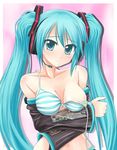  aqua_eyes aqua_hair bra breasts detached_sleeves hatsune_miku headset large_breasts lingerie long_hair mugityax navel solo striped striped_bra twintails underwear vocaloid 