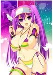  beatmania beatmania_iidx between_breasts bikini breasts cleavage cross front-tie_top groin kinoshita_ichi large_breasts looking_at_viewer mizushiro_celica multicolored multicolored_stripes navel open_mouth paintbrush purple_eyes purple_hair shiny shiny_skin side-tie_bikini skindentation smile strap_gap string_bikini striped striped_bikini striped_swimsuit swimsuit trim_brush twintails visor_cap 