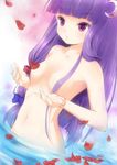  bad_id bad_pixiv_id bathing bow censored convenient_censoring crescent crescent_hair_ornament dutch_angle flat_chest hair_bow hair_censor hair_ornament hair_over_breasts long_hair miyai_haruki nude patchouli_knowledge petals purple_eyes purple_hair solo touhou water 