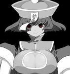  bad_id bad_pixiv_id breasts chinese_clothes cleavage_cutout flipped_hair greyscale hat hizuki_akira jiangshi large_breasts lei_lei looking_at_viewer monochrome oekaki ofuda red_eyes short_hair smile solo spot_color upper_body vampire_(game) zombie 