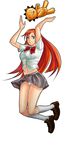  bleach evilgun grey_eyes highres inoue_orihime jumping kon legs lips midriff navel panties red_hair skirt solo underwear upskirt 