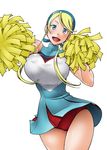  blonde_hair blue_eyes bouncing_breasts breasts cheerleader fukudahda heroman huge_breasts lina_davis long_hair open_mouth panties pantyshot pom_poms red_panties skirt skirt_lift smile solo thigh_gap underwear 