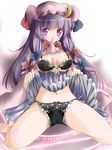  black_bra black_panties blush bra dress dress_lift hat lingerie long_hair magic_circle mouth_hold muraya panties patchouli_knowledge pink_eyes purple_eyes purple_hair ribbon skirt solo touhou underwear 