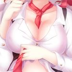  beatrice between_breasts breasts cleavage close-up dress_shirt hands head_out_of_frame jpeg_artifacts large_breasts mafuyu necktie shirt solo sweat umineko_no_naku_koro_ni 