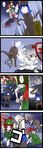  4koma ^_^ absurdres aldehyde bad_id bad_pixiv_id closed_eyes comic dinosaur gantz highres hong_meiling inubashiri_momiji multiple_girls parody red_eyes red_hair remilia_scarlet shield silver_hair sword touhou translation_request weapon yukkuri_shiteitte_ne 