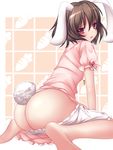  animal_ears ass bad_id bad_pixiv_id barefoot brown_hair bunny_ears bunny_tail from_behind inaba_tewi looking_back mikan_(5555) red_eyes short_hair sitting solo tail touhou wariza 