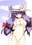  bikini crescent hat highres long_hair patchouli_knowledge purple_hair shirogane_(platinum) solo swimsuit touhou undersized_clothes 