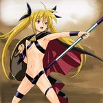  300 alternate_costume armpits aspis bardiche blonde_hair cape fate_testarossa flat_chest hoplite long_hair lyrical_nanoha mahou_shoujo_lyrical_nanoha mahou_shoujo_lyrical_nanoha_a's makacoon parody polearm red_eyes shield solo spear twintails weapon 