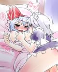  bed blush breast_sucking fangs hat heart izayoi_sakuya kogaku_kazuya maid maid_headdress multiple_girls nipple_tweak nipples pillow red_eyes remilia_scarlet saliva shirt_pull silver_hair sweat touhou trembling yuri 